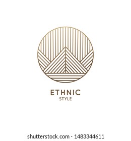 Nature logo of mountains, clouds, rain. Round geometric icon of landscape in linear style. Vector abstract emblem, badge for a travel, alternative medicine and ecology concept, spa, health, yoga.