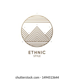 Nature logo of mountains, clouds, rain. Round geometric icon of landscape in linear style. Vector abstract emblem, badge for a travel, alternative medicine and ecology concept, spa, health, yoga.