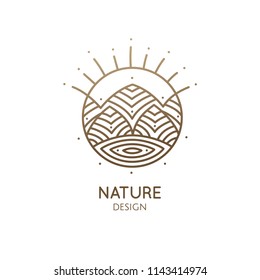 Nature logo of mountains, river or lake. Linear icon of landscape on the background of the sun. Vector emblem, badge for a travel, alternative medicine and ecology concept, spa, health and yoga Center