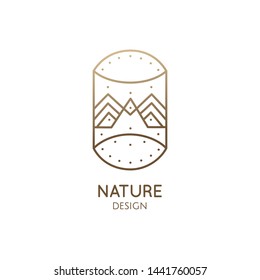 Nature logo of mountains, sky and water. Vertical geometric linear icon of landscape. Vector simple emblem for a travel, alternative medicine and ecology concept, spa, healthy lifestyle, yoga Center.