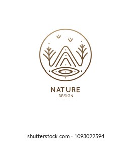 Nature logo of mountains, trees, river. Linear icon of landscape on the background of the sun. Vector emblem, badge for a travel, alternative medicine and ecology concept, spa, health and yoga Center.