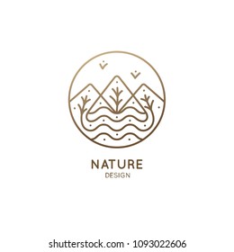 Nature logo of mountains, trees, river. Linear icon of landscape on the background of the sun. Vector emblem, badge for a travel, alternative medicine and ecology concept, spa, health and yoga Center.