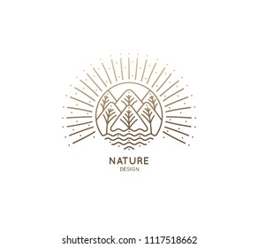 Nature logo of mountains, trees, river. Linear icon of landscape on the background of the sun. Vector emblem, badge for a travel, alternative medicine and ecology concept, spa, health and yoga Center.