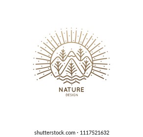 Nature logo of mountains, trees, river. Linear icon of landscape on the background of the sun. Vector emblem, badge for a travel, alternative medicine and ecology concept, spa, health and yoga Center.