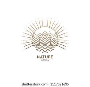 Nature logo of mountains, trees, river. Linear icon of landscape on the background of the sun. Vector emblem, badge for a travel, alternative medicine and ecology concept, spa, health and yoga Center.