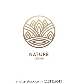 Nature logo of mountains, trees, river. Linear icon of landscape on the background of the sun. Vector emblem, badge for a travel, alternative medicine and ecology concept, spa, health and yoga Center.