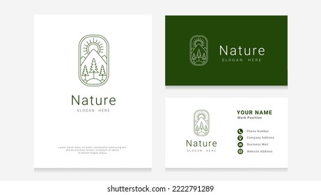 Nature logo outline, Pine Logo, mountain, camp logo, tree logo with business card