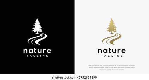 Nature Logo Pine Tree on Winding Road Gold  White.