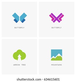 Nature logo set. Butterfly symbol, high mountains and green tree with arrow - plant, insect and ecology icons.