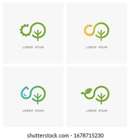 Nature logo set. Gear wheel, sun, drop of water, sprout with leaves and tree or plant symbol - ecology, environment and industry, green power and clean energy, agriculture and cultivation icons.