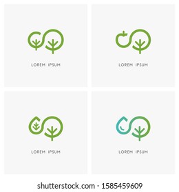 Nature Logo Set. Green Tree And Small Sapling, Apple, Leaf And Drop Of Water Symbol - Ecology And Environment, Agriculture And Gardening Icons.