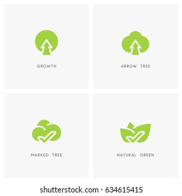 Nature logo set. Green tree and leaves with check mark, plant with arrow symbol - ecology, evolution and environment icons.