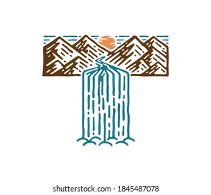 Nature logo in the shape of the letter T. Mountain logo with waterfall. vector illustration