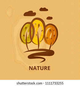 Nature logo. Silhouette three tree and cloud on wood background. Concept sketch image with forest. Environment, nature conservancy.