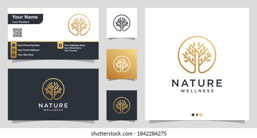 Nature logo with simple golden tree concept and business card design Premium Vector