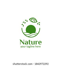Nature logo with sunset sun wave of ocean and green leaf icon symbol illustration logo for nature product