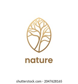 Nature logo template. Golden emblem with tree in outline style. Stock vector illustration for eco concepts, spa, cosmetics.