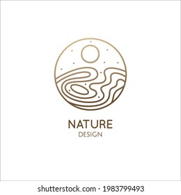 Nature logo template. Linear round icon of landscape with lake, sun, wavy line. Vector simple minimalistic emblem for business design