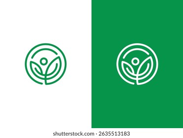 Naturaleza Logotipo Vector Diseño Línea Arte Hoja verde y humano o persona dentro del círculo, hoja abstracta y símbolo de logotipo humano dentro del círculo	