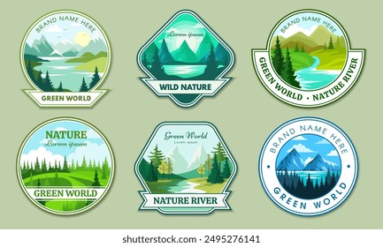 Nature logos. Labels with mountains green landscape concept for water design badges recent vector alpine mountains and green hills