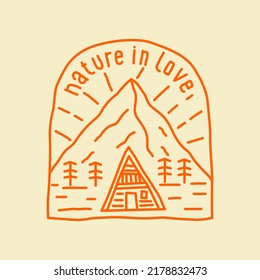 Nature in love cottage home living in mono line for badge patch emblem graphic vector art t-shirt design