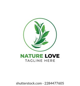 Nature love logo with a green leaf and a circle of leaves