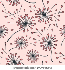 Nature in love, romantic pattern, enamored dandelions with hearts on red background.