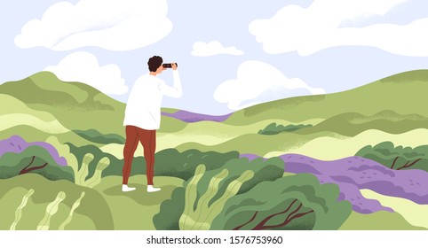 Nature lover flat vector illustration. Man with binoculars enjoying scenic landscape. Searching new horizons, life goals. Explorer cartoon character. Outdoor activity, discovery, exploration.
