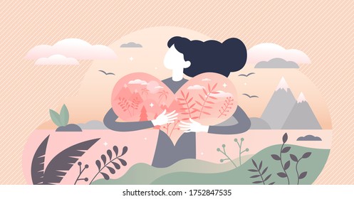 Nature lover vector illustration. Environment passionate tiny person concept. Ecological and green responsible lifestyle with biological flora diversity protection.  Hobby symbolized with person hugging heart.