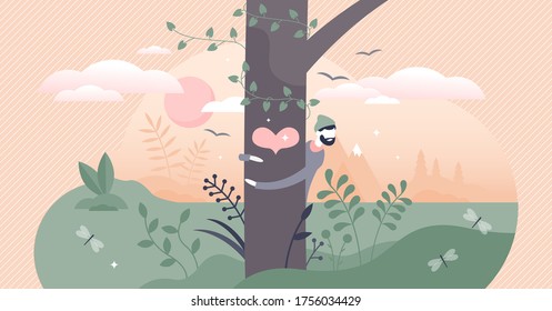 Nature lover vector illustration. Tree hugging as nature friendly lifestyle symbol in flat tiny persons concept. Environment passion and plant protection from deforestation. Bio organic harmony scene.