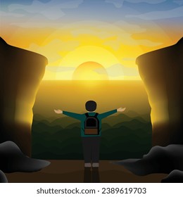 Nature lovers are standing on a cliff and watching the beauty of the sun appearing at sunrise. Flat style illustration of beautiful landscapes, mountains, forests, cliffs, and rocks, sunrise and sky.