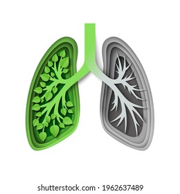 Nature lungs with leaves and without, vector illustration in paper art style. Save nature, environment. Ecology concept.