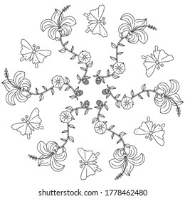 Nature Mandala Shape for Coloring. Floral leaves natural ornament. Black and White outline element for coloring book page.