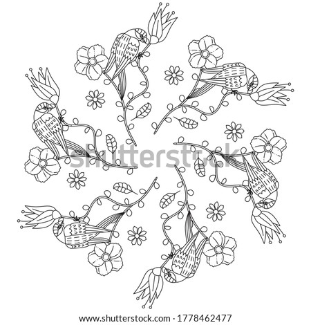Nature Mandala Shape for Coloring. Floral leaves natural ornament. Black and White outline element for coloring book page.