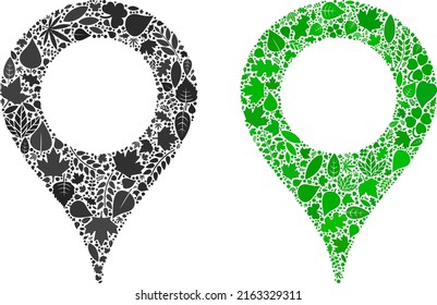 Nature map marker icon collage of herbal leaves in green and natural color tinges. Ecological environment vector template for map marker icon.