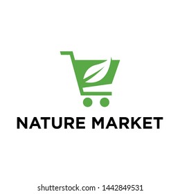 Nature market logo. Shopping cart with leaf vector