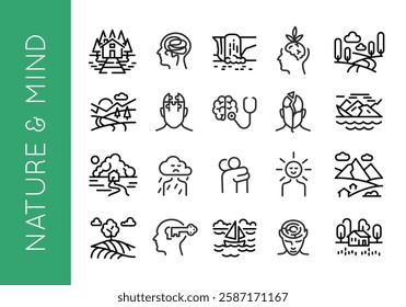 Nature and Mind Icon Set. Set of 20 trendy minimal icons related to emotional well-being and psychological health, as therapy, stress, addiction, mindfulness. Vector illustrations