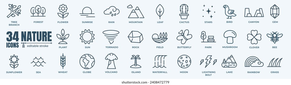 Nature minimal icon set. Outline editable icon of sun,sea,forest and mountain collection. Simple vector illustration.