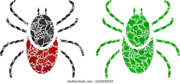 Nature mite tick icon composition of floral leaves in green and natural color tints. Ecological environment vector template for mite tick icon. Mite tick vector image is formed of green floral parts.
