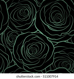 Nature monochrome flowers vector seamless pattern in green colors on a black background.