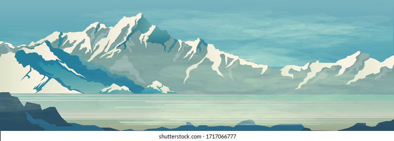 Nature. Morning, snow-capped mountain ranges in fog, by a lake lit by the rising sun. Turquoise vector illustration.