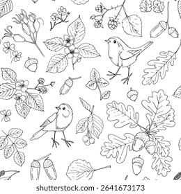 Nature motifs. Flowers, leaves. Vector pattern on white background. Line drawing