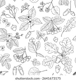 Nature motifs. Flowers, leaves. Vector pattern on white background. Line drawing