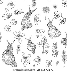 Nature motifs. Flowers, leaves. Vector pattern on white background. Line drawing