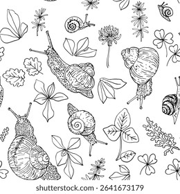 Nature motifs. Flowers, leaves. Vector pattern on white background. Line drawing