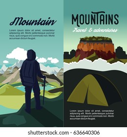Nature mountain adventure vertical banners with walking man tent rocks and lake vector illustration