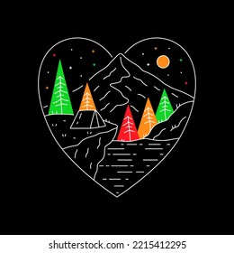 Nature mountain and camping in cliff in love shape. design for t-shirt, badge, sticker etc