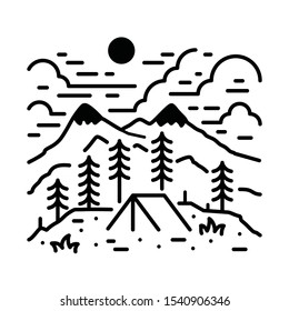 Nature Mountain Camping Hiking Line Graphic Illustration Vector Art T-shirt Design