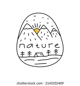 Nature mountain camping life in mono line art