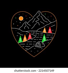Nature mountain and camping in near river in love shape. design for t-shirt, badge, sticker etc